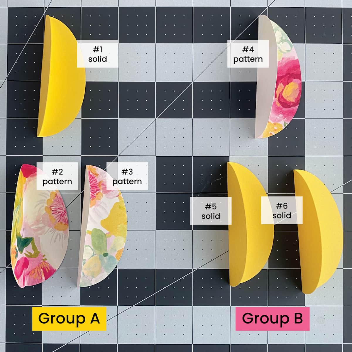 Two groups of paper egg cutouts labeled A and B on a grid background