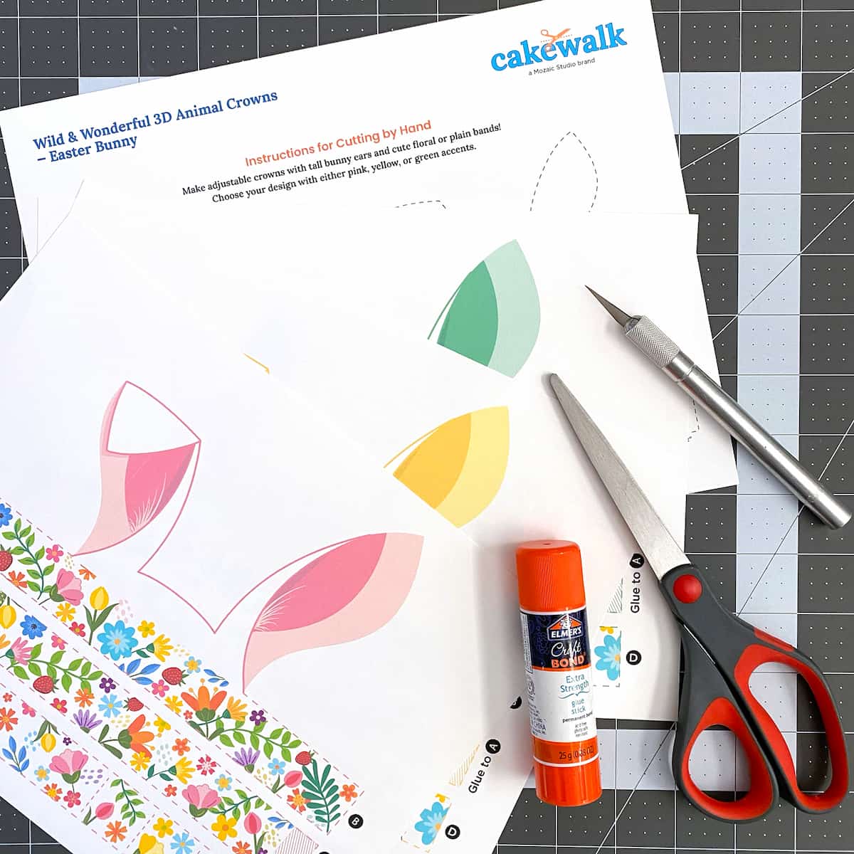 Printed directions for Easter bunny crown printable headband with tall ears and pastel accents