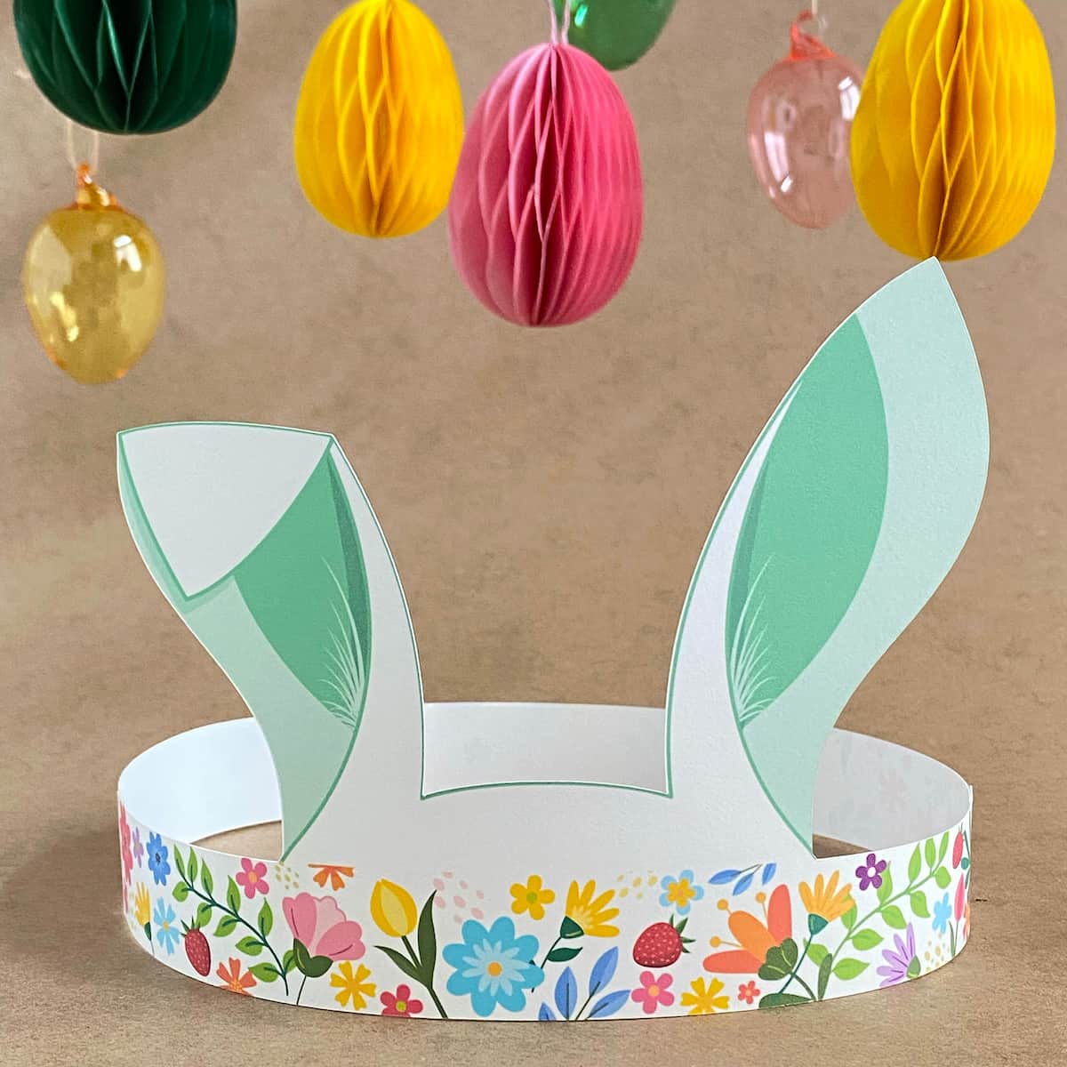 Mint green floral Easter bunny crown printable headband with tall ears and pastel accents