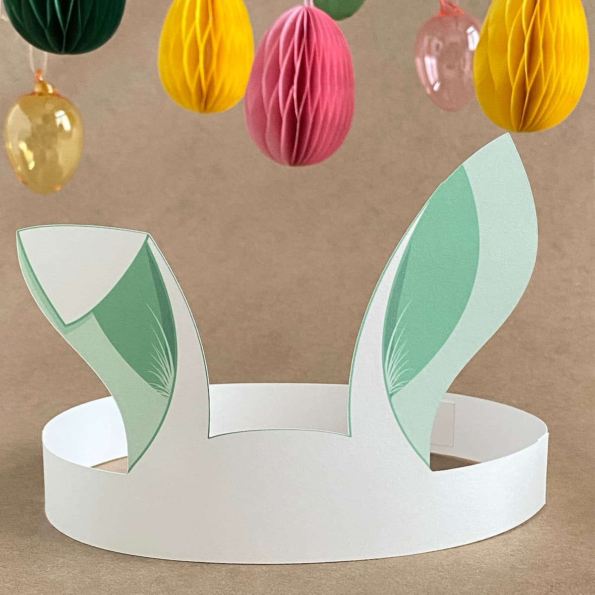 Mint green Easter bunny crown printable headband with tall ears and pastel accents