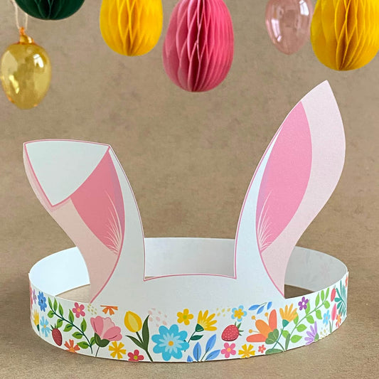 Pink floral Easter bunny crown printable headband with tall ears and pastel accents