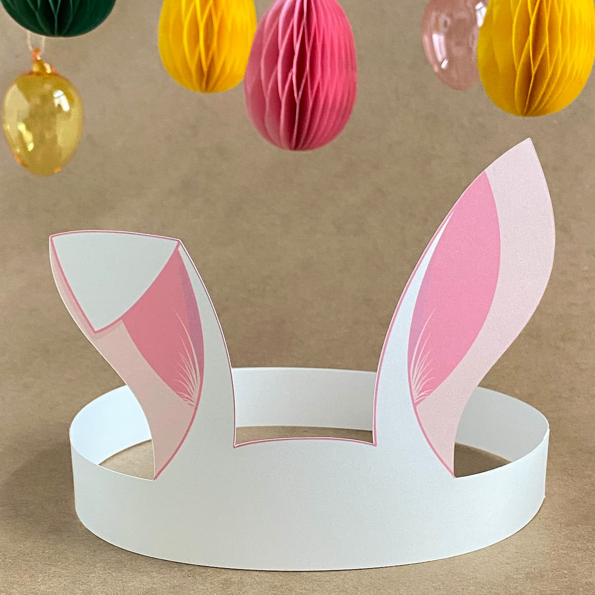Pink Easter bunny crown printable headband with tall ears and pastel accents