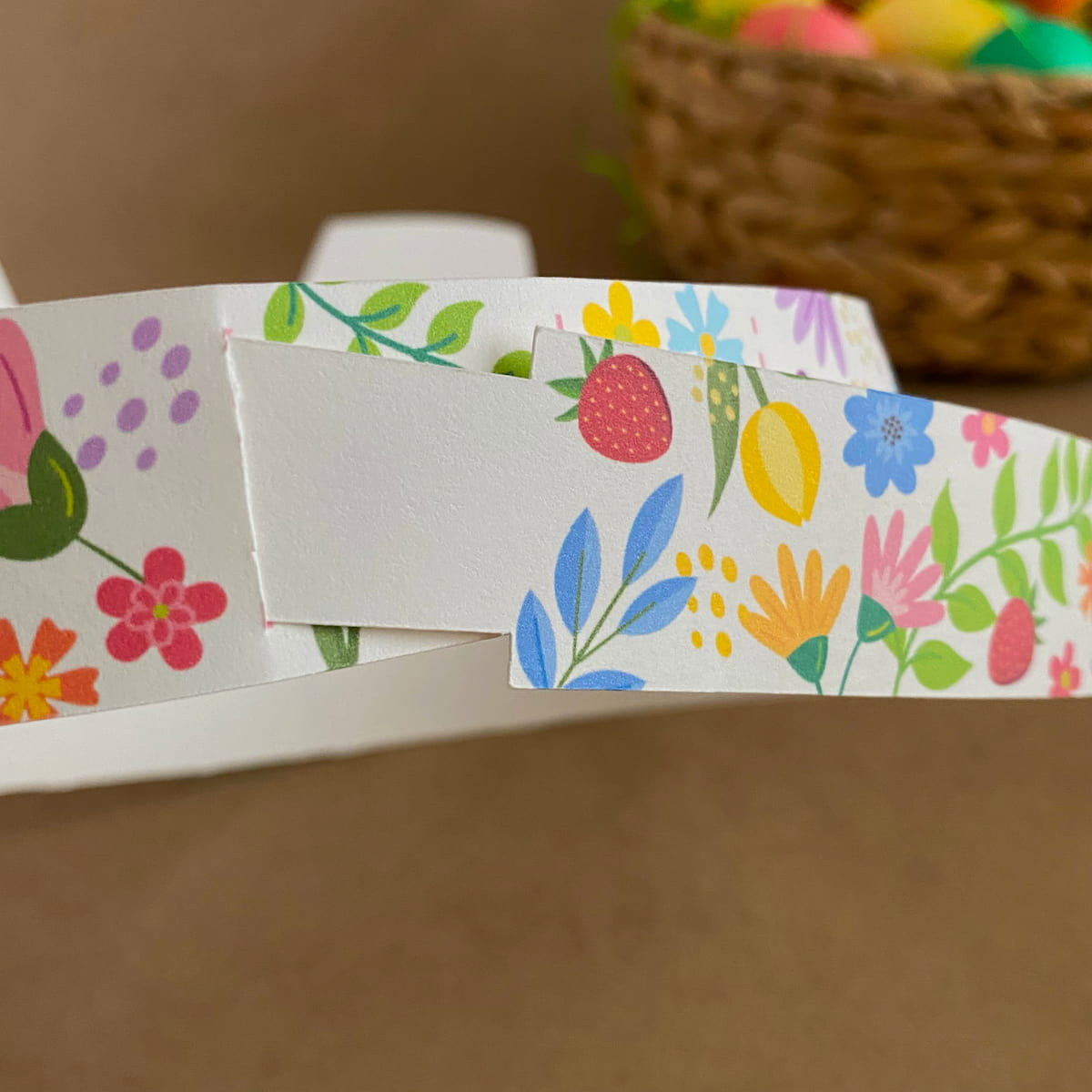 Adjustable slot and tab closure on Easter bunny crown headband for custom fit