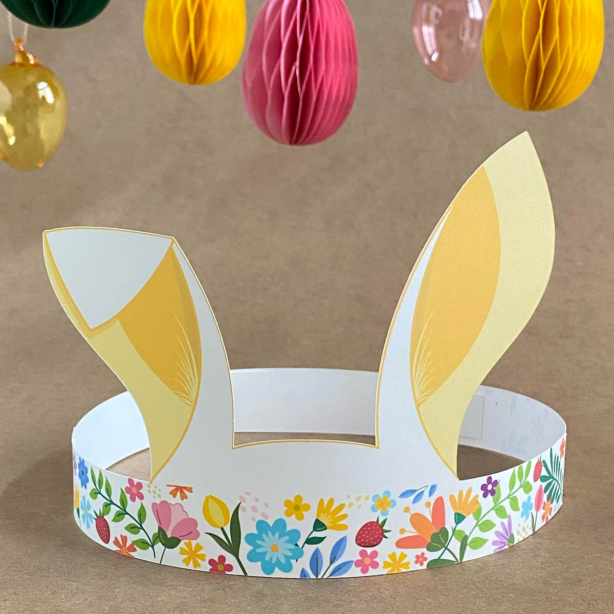 Yellow floral Easter bunny crown printable headband with tall ears and pastel accents