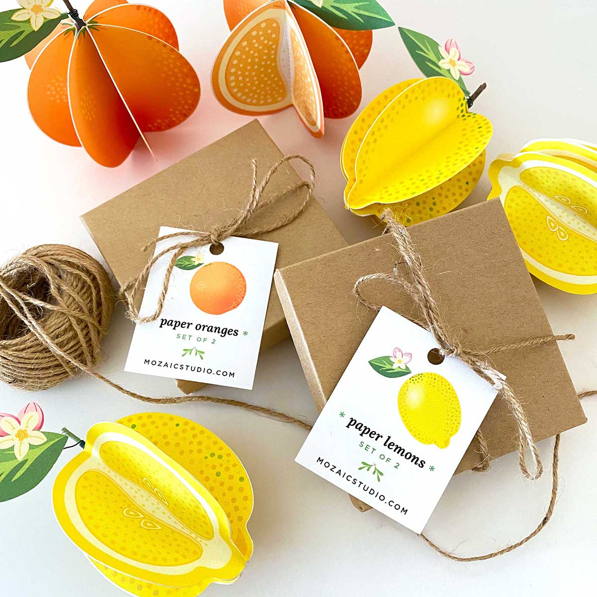 Decorative paper lemons and oranges on textured background for Mozaic Studio Paper Art Collection