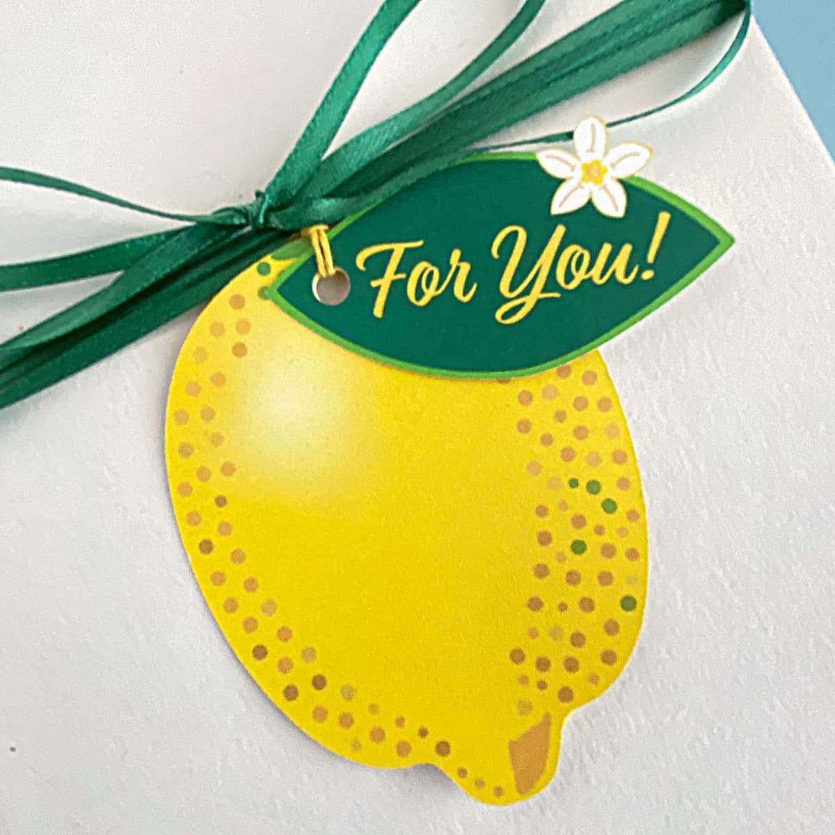 Closeup of a Lemon Zest gift tag with yellow twine tied to a white gift box by Mozaic Studio.