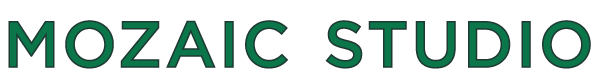 Mozaic Studio logotype logo in green reading Mozaic Studio