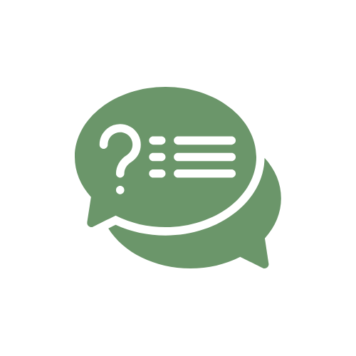 Green speech bubble icon with a question mark and lines inside on a white background