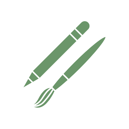 Green icon of a pencil and paintbrush on a white background
