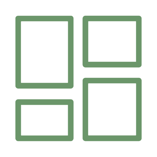 Four green square frames on a white background
