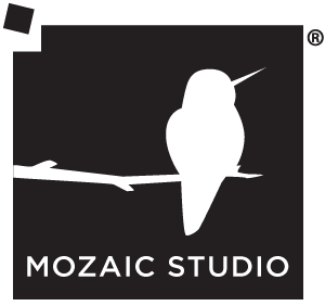 Mozaic Studio logo featuring the profile of a hummingbird at rest on a branch