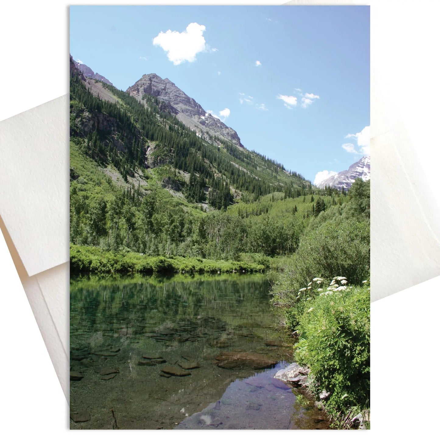 A scenic photo of a calm pond reflecting the vibrant green meadow in Aspen, Colorado during springtime. Wildflowers bloom along the meadow's edge, with snow-capped mountains visible in the distance.